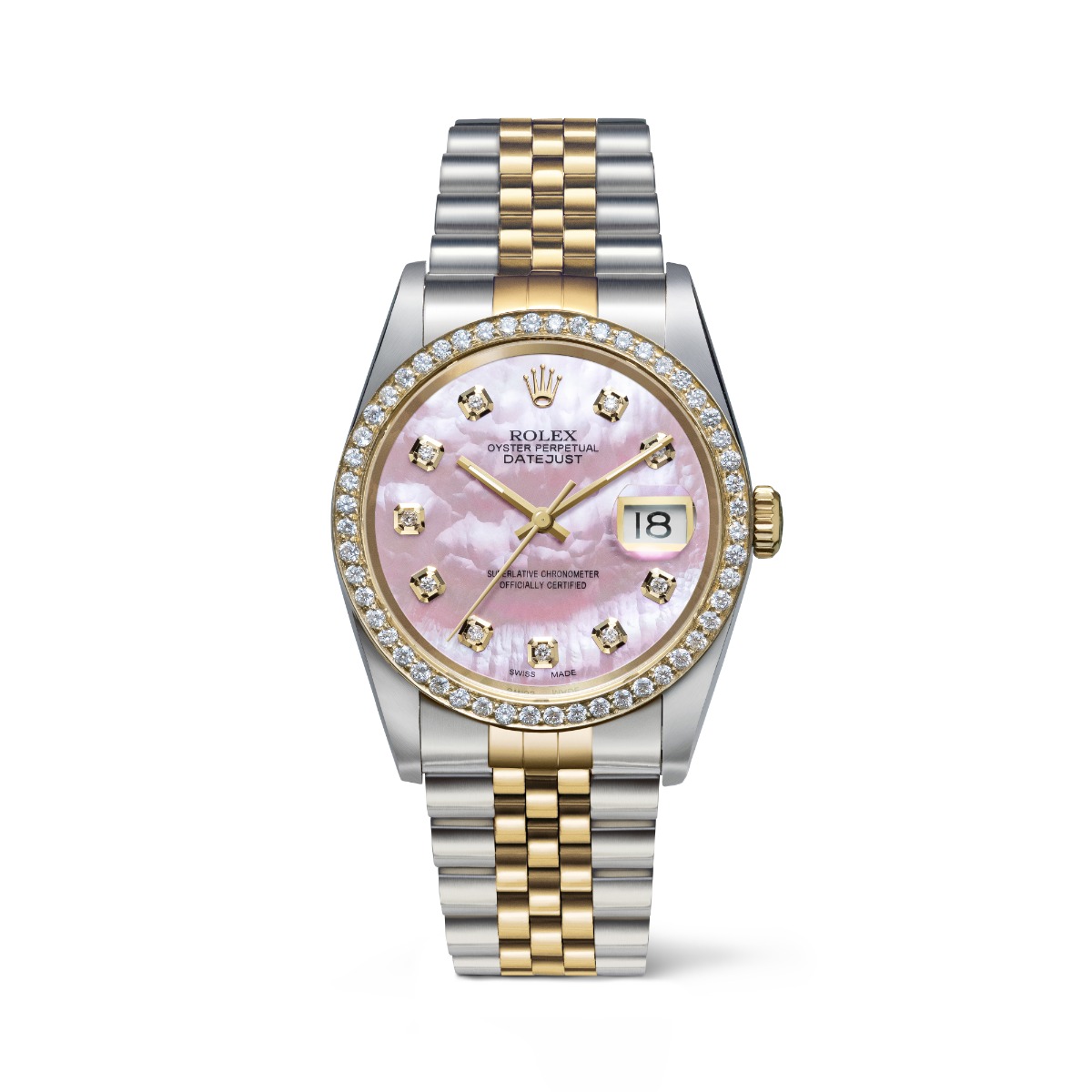 Genuine Pre-Loved Rolex Oyster Perpetual Datejust Lab Grown Diamond Pink Mother of Pearl Dial Two-Tone Jubilee Bracelet Watch