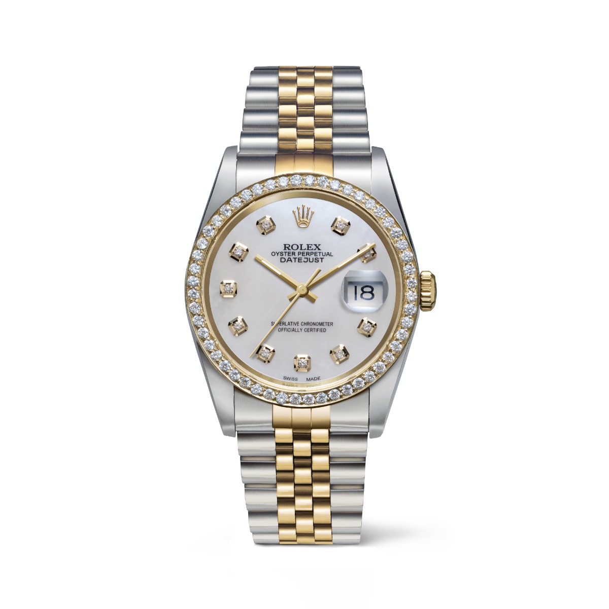 Genuine Pre-Loved Rolex Oyster Perpetual Datejust Lab Grown Diamond White Mother of Pearl Dial Two-Tone Jubilee Bracelet Watch